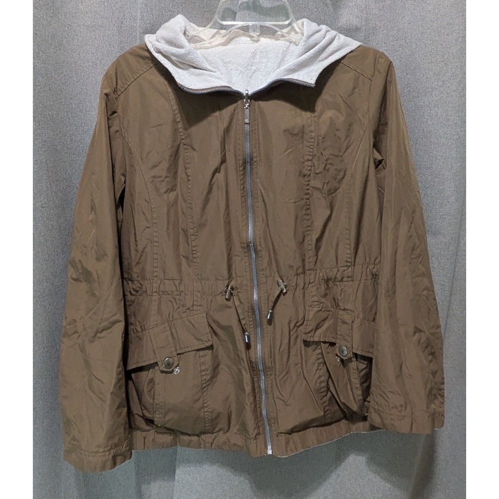 Utility Jacket Womens M Brown Good Hooded Drawstring Anorak Zip Front
